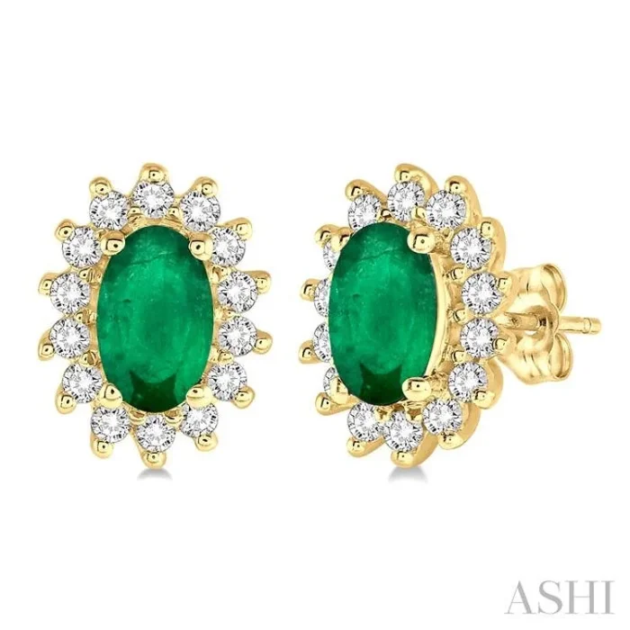 5×3 MM Oval Cut Center Emerald and 1/5 Ctw Round Cut Diamond Sunflower Precious Earrings in 10K Yellow Gold