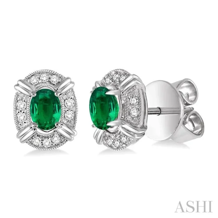 5×3 MM Oval Cut Emerald and 1/10 Ctw Single Cut Diamond Earrings in 14K White Gold