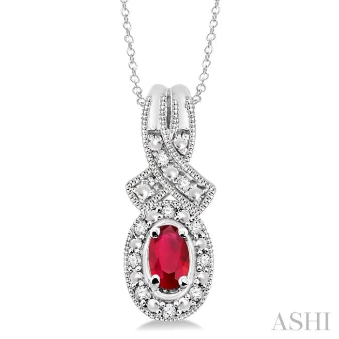 5×3 MM Oval Cut Ruby and 1/50 Ctw Single Cut Diamond Pendant in Sterling Silver with Chain