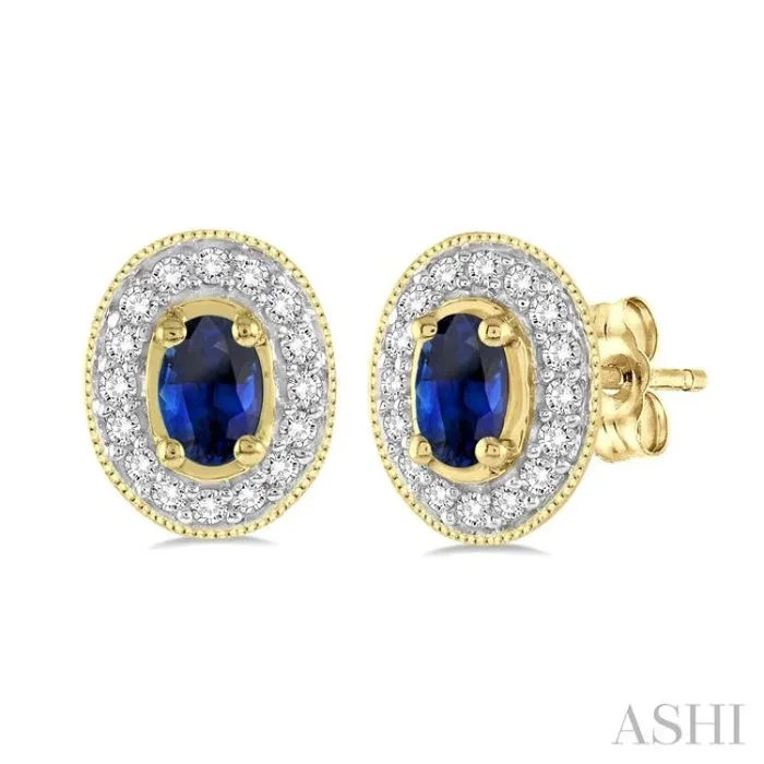 5×3 MM Oval Cut Sapphire and 1/4 Ctw Round Cut Diamond Earrings in 14K Yellow Gold