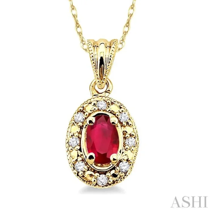 5×3 MM Oval Shape Ruby and 1/20 Ctw Single Cut Diamond Pendant in 10K Yellow Gold with Chain