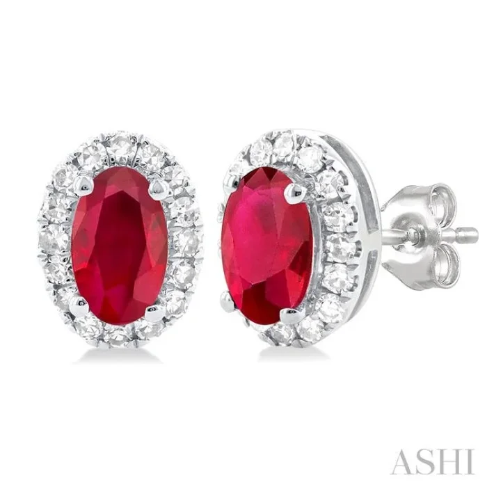 5×3 MM Oval Shape Ruby and 1/8 Ctw Single Cut Diamond Halo Precious Stud Earrings in 10K White Gold