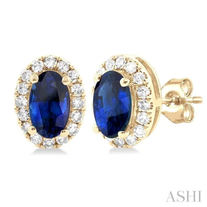 5×3 MM Oval Shape Sapphire and 1/8 Ctw Single Cut Diamond Halo Precious Stud Earrings in 10K Yellow Gold