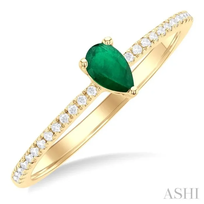 5×3 MM Pear Cut Emerald and 1/10 Ctw Petite Round Cut Diamond Precious Fashion Ring in 10K Yellow Gold