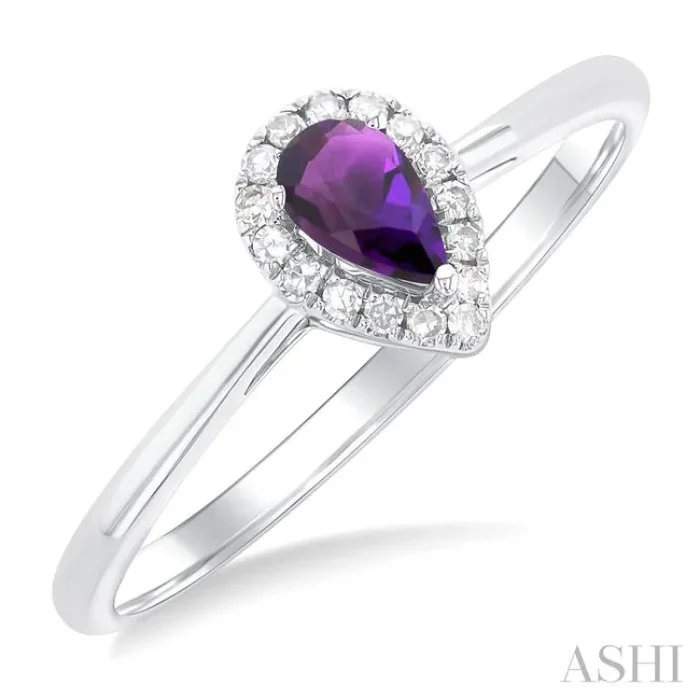 5×3 MM Pear Shape Amethyst and 1/20 Ctw Single Cut Diamond Halo Semi-Precious Ring in 14K White Gold