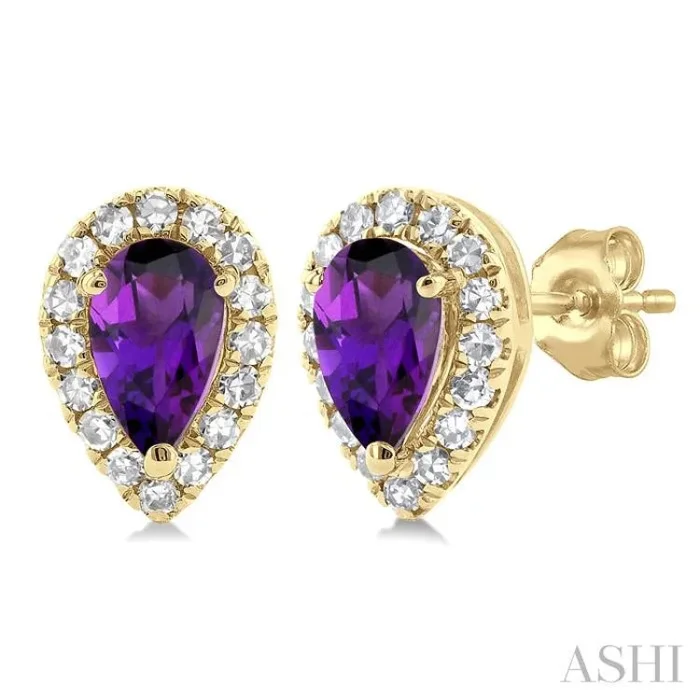 5×3 MM Pear Shape Amethyst and 1/8 Ctw Single Cut Diamond Halo Semi-Precious Stud Earrings in 10K Yellow Gold