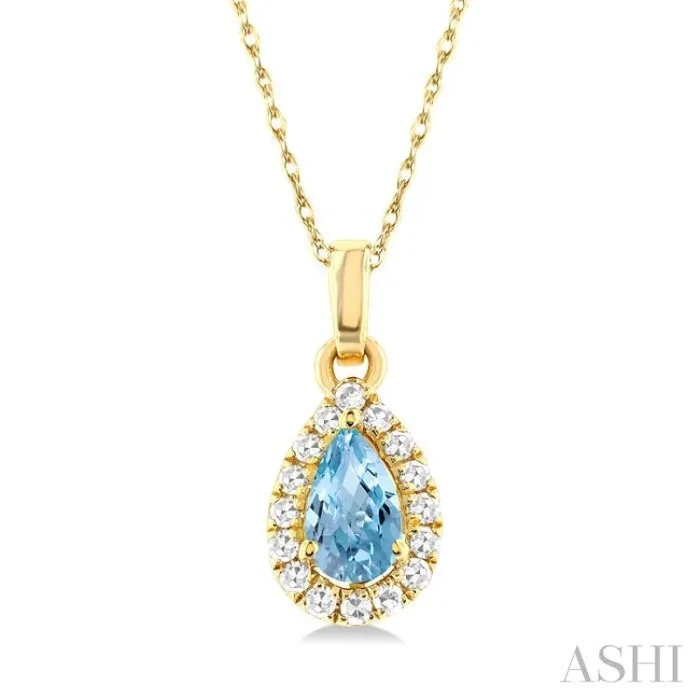 5×3 MM Pear Shape Aquamarine and 1/20 Ctw Single Cut Diamond Halo Semi-Precious Pendant with Chain in 10K Yellow Gold