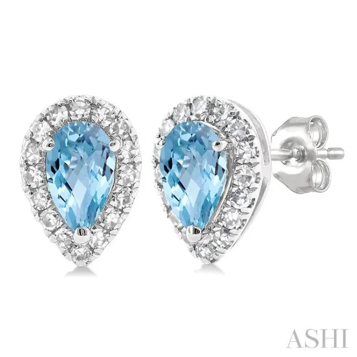 5×3 MM Pear Shape Aquamarine and 1/8 Ctw Single Cut Diamond Halo Semi-Precious Stud Earrings in 14K White Gold