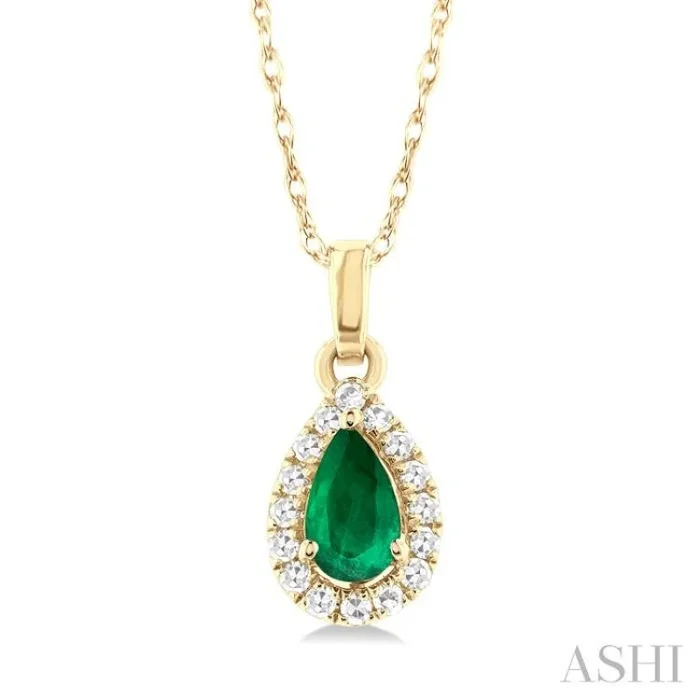 5×3 MM Pear Shape Emerald and 1/20 Ctw Single Cut Diamond Halo Precious Pendant with Chain in 10K Yellow Gold