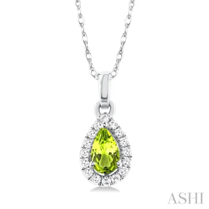 5×3 MM Pear Shape Peridot and 1/20 Ctw Single Cut Diamond Halo Semi-Precious Pendant with Chain in 14K White Gold