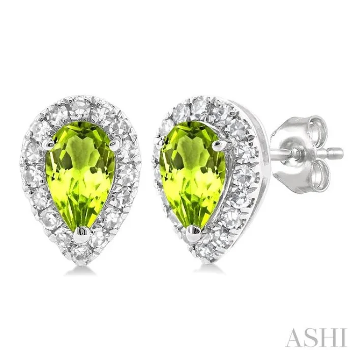 5×3 MM Pear Shape Peridot and 1/8 Ctw Single Cut Diamond Halo Semi-Precious Stud Earrings in 10K White Gold