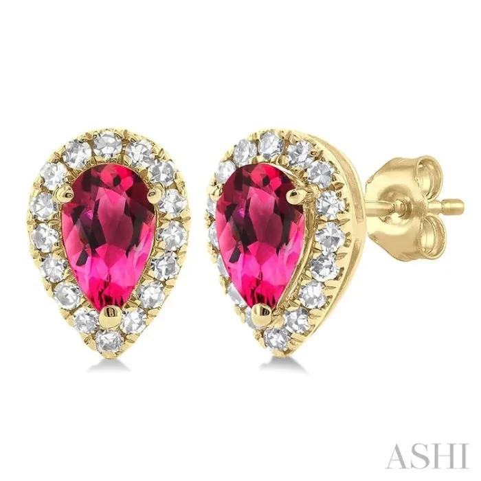 5×3 MM Pear Shape Pink Tourmaline and 1/8 Ctw Single Cut Diamond Halo Semi-Precious Stud Earrings in 14K Yellow Gold