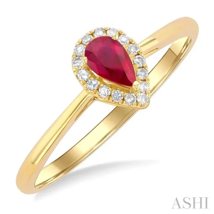 5×3 MM Pear Shape Ruby and 1/20 Ctw Single Cut Diamond Halo Precious Ring in 10K Yellow Gold