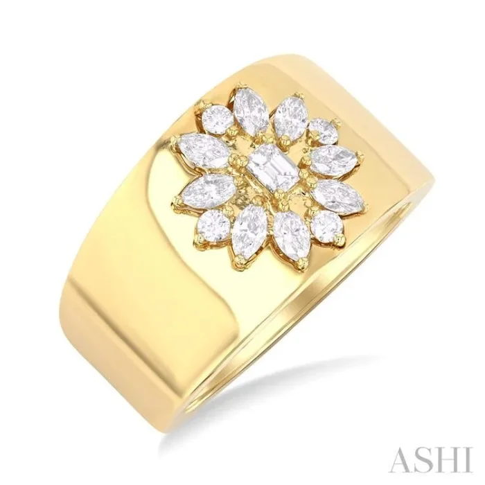 5/8 ctw Mixed Cut Diamond Floral Centerpiece Bold Gold Wide Band in 14K Yellow Gold