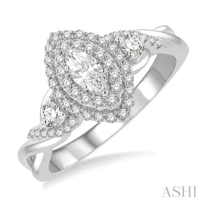 5/8 Ctw Split Twisted Shank Round Cut Diamond Engagement Ring With 1/4 Ct Marquise Cut Center Stone in 14K White Gold