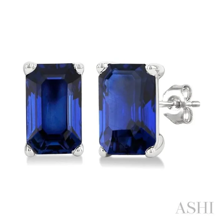 5X3 MM Octagon Shape Sapphire Precious Stud Earrings in 14K White Gold