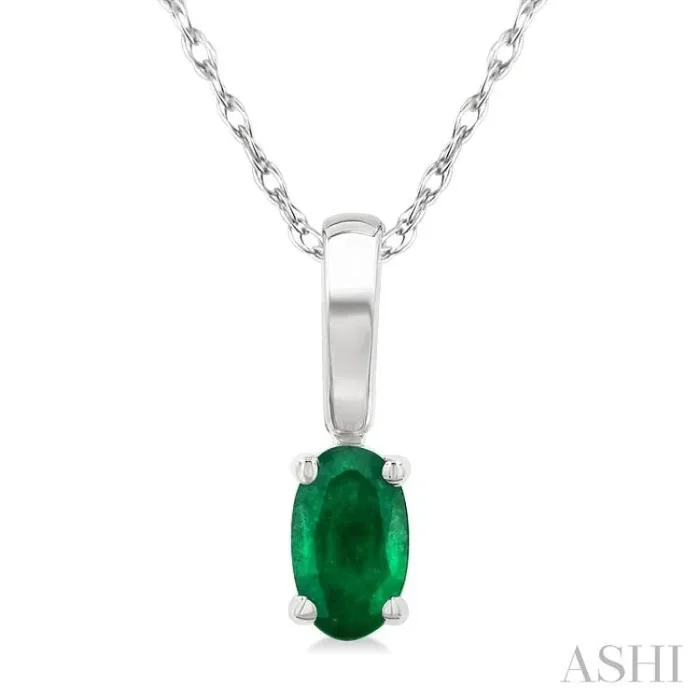 5X3 MM Oval Shape Emerald Precious Solitaire Pendant With Chain in 14K White Gold