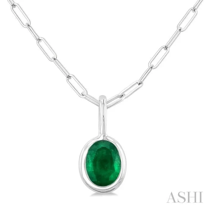 6×4 MM Bezel Set Oval Cut Emerald Precious Fashion Pendant With Paperclip Chain in 10K White Gold