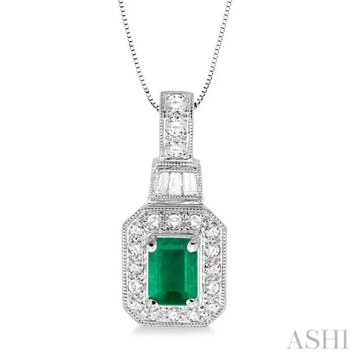 6×4 MM Emerald Shape Emerald and 1/4 Ctw Round and Baguette Cut Diamond Pendant in 14K White Gold with Chain