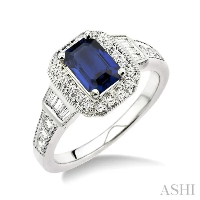 6×4 MM Emerald Shape Sapphire and 1/4 Ctw Round and Baguette Cut Diamond Ring in 14K White Gold