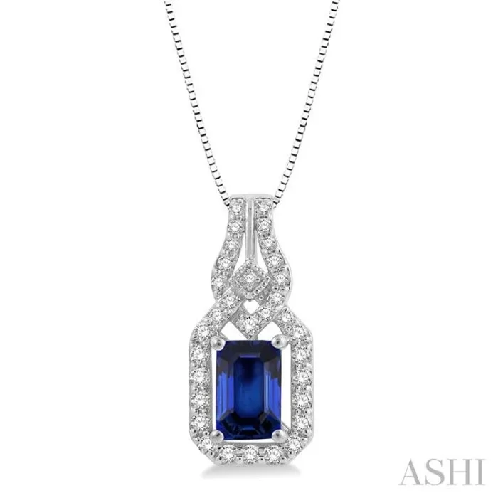6×4 MM Emerald Shape Sapphire and 1/5 Ctw Interlocking Round Cut Diamond Precious Pendant With Chain in 14K White Gold