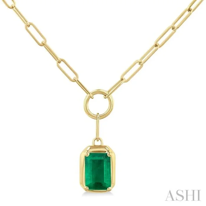 6×4 MM Emerald Solitaire Precious Paperclip Pendant With Chain in 14K Yellow Gold