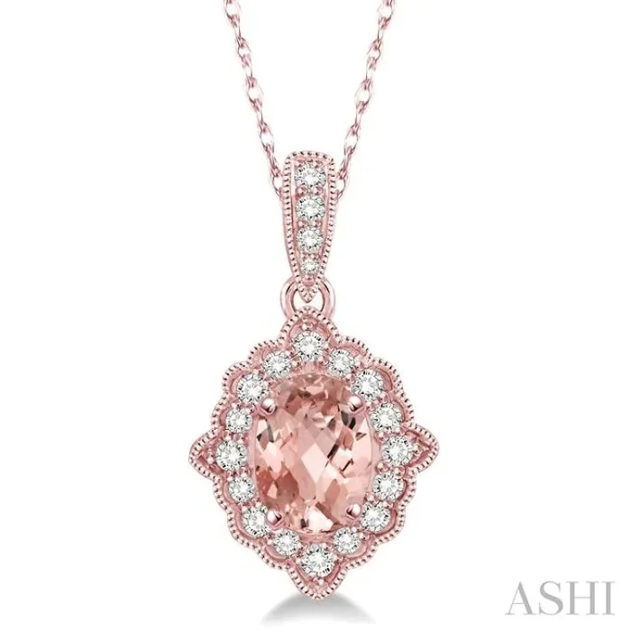 6×4 MM Ethnic Oval Cut Morganite and 1/6 Ctw Round Cut Diamond Semi-Precious Pendant in 10K Rose Gold with chain