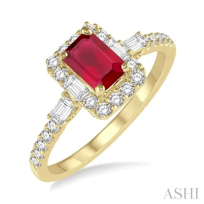 6×4 MM Octagon Cut Ruby and 1/2 Ctw Round Cut Diamond Precious Ring in 14K Yellow Gold