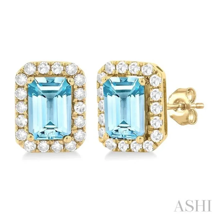 6×4 MM Octagonal Shape Aquamarine and 1/4 Ctw Round Cut Diamond Halo Semi-Precious Stud Earrings in 14K Yellow Gold