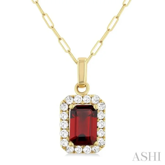 6×4 MM Octagonal Shape Garnet and 1/6 Ctw Round Cut Diamond Halo Semi-Precious Pendant with Chain in 10K Yellow Gold