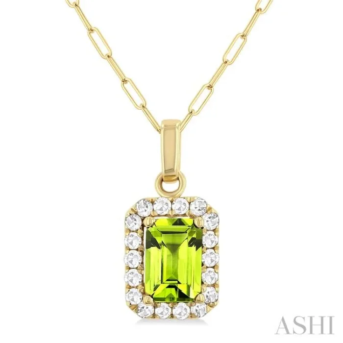 6×4 MM Octagonal Shape Peridot and 1/6 Ctw Round Cut Diamond Halo Semi-Precious Pendant with Chain in 10K Yellow Gold