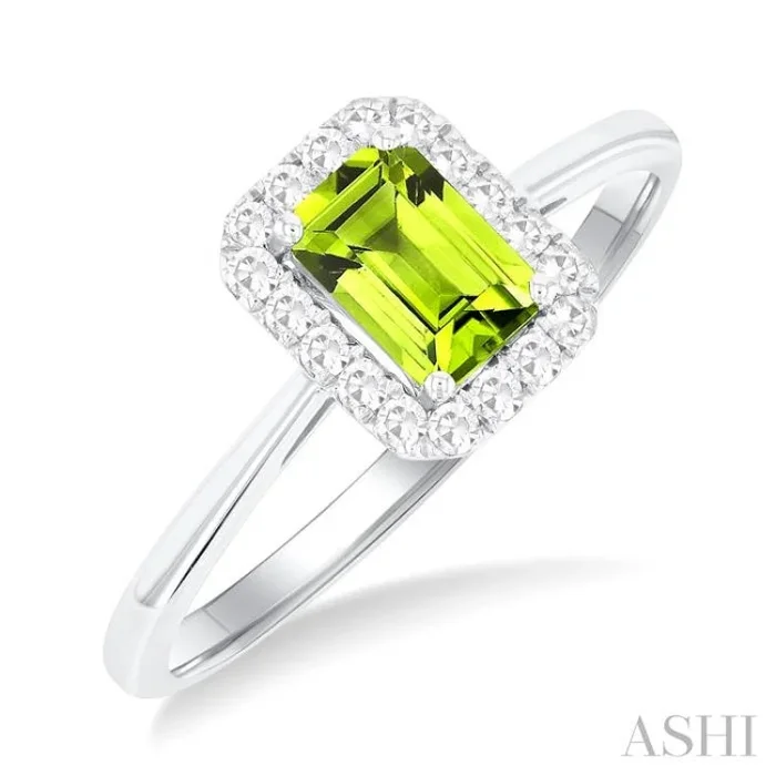 6×4 MM Octagonal Shape Peridot and 1/6 Ctw Round Cut Diamond Halo Semi-Precious Ring in 14K White Gold
