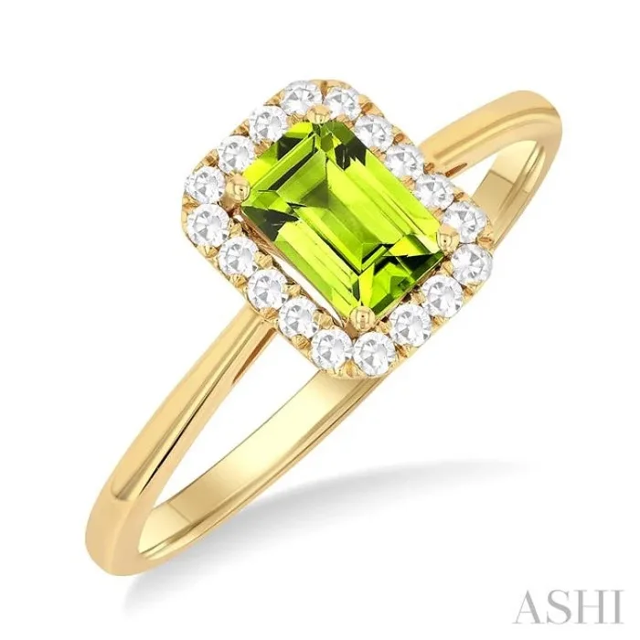6×4 MM Octagonal Shape Peridot and 1/6 Ctw Round Cut Diamond Halo Semi-Precious Ring in 14K Yellow Gold