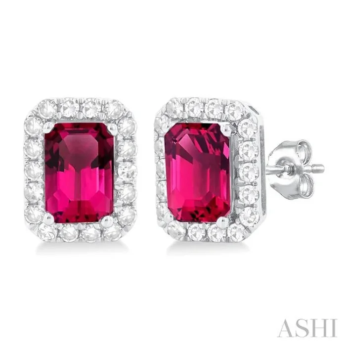 6×4 MM Octagonal Shape Pink Tourmaline and 1/4 Ctw Round Cut Diamond Halo Semi-Precious Stud Earrings in 14K White Gold