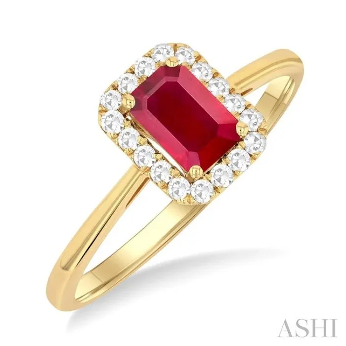 6×4 MM Octagonal Shape Ruby and 1/6 Ctw Round Cut Diamond Halo Precious Ring in 14K Yellow Gold