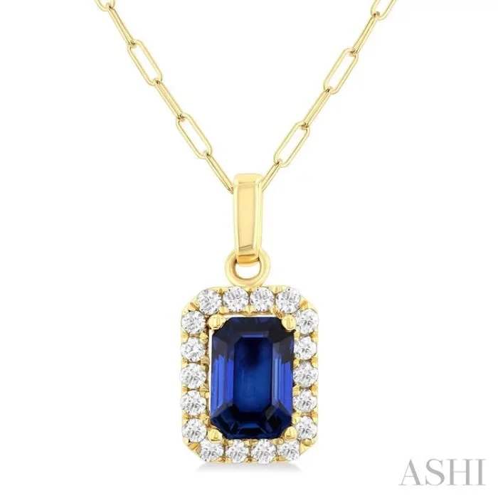 6×4 MM Octagonal Shape Sapphire and 1/6 Ctw Round Cut Diamond Halo Precious Pendant with Chain in 10K Yellow Gold