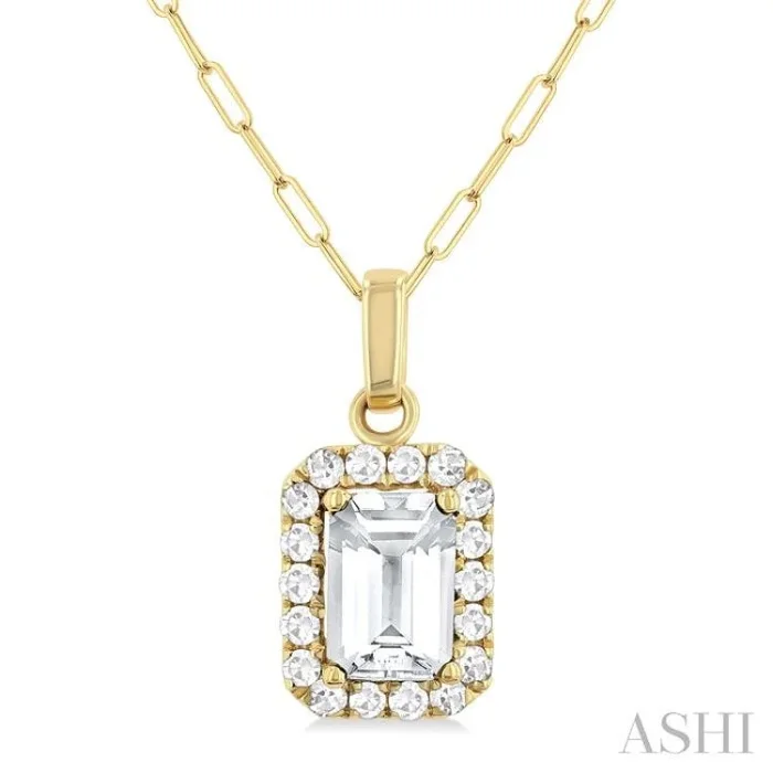 6×4 MM Octagonal Shape White Topaz and 1/6 Ctw Round Cut Diamond Halo Semi-Precious Pendant with Chain in 14K Yellow Gold