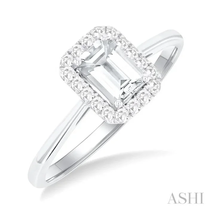 6×4 MM Octagonal Shape White Topaz and 1/6 Ctw Round Cut Diamond Halo Semi-Precious Ring in 10K White Gold