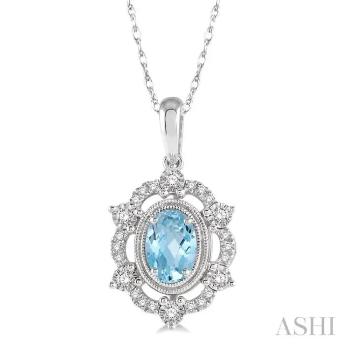 6×4 MM Oval Cut Aquamarine and 1/6 Ctw Round Cut Diamond Semi-Precious Pendant With Chain in 10K White Gold