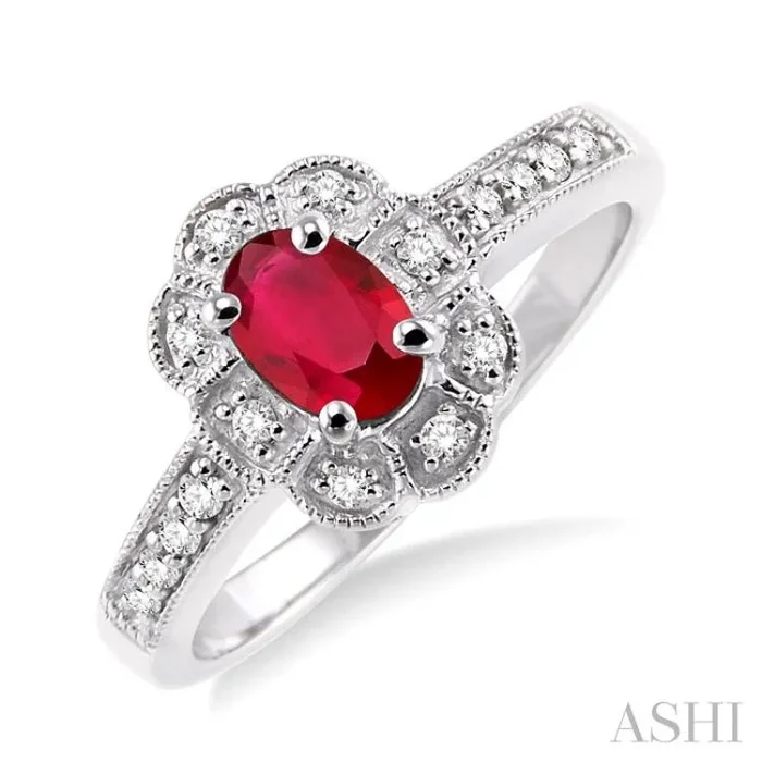 6×4 MM Oval Cut Ruby and 1/6 Ctw Single Cut Diamond Ring in 14K White Gold