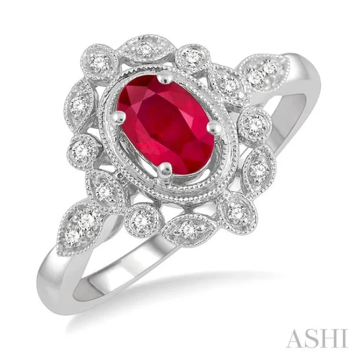 6×4 MM Oval Cut Ruby and 1/8 Ctw Lattice Reverse Taper Shank Round Cut Diamond Precious Ring in 10K White Gold