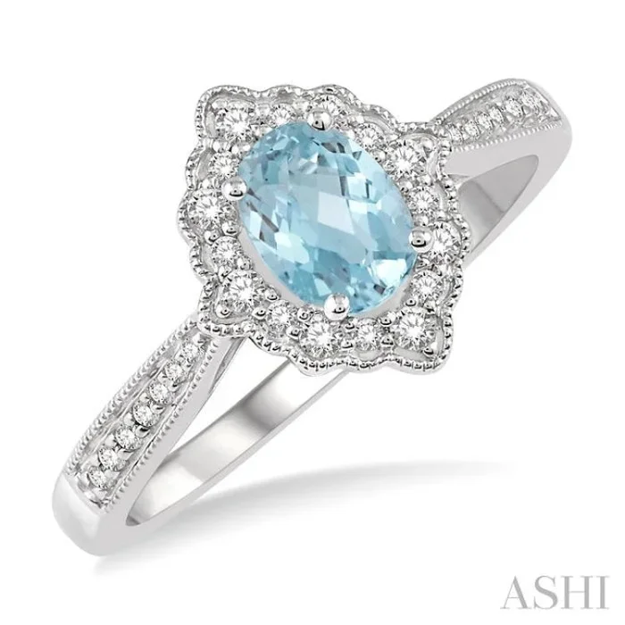6×4 MM Oval Shape Aquamarine and 1/5 Ctw Round Cut Diamond Semi-Precious Ring in 10K White Gold