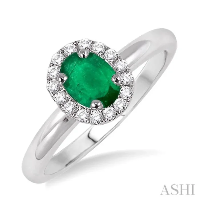 6×4 MM Oval Shape Emerald and 1/6 Ctw Round Cut Diamond Precious Ring in 14K White Gold