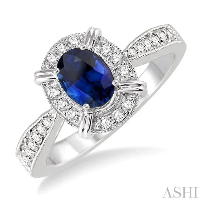 6×4 MM Oval Shape Sapphire and 1/6 Ctw Single Cut Diamond Ring in 10K White Gold