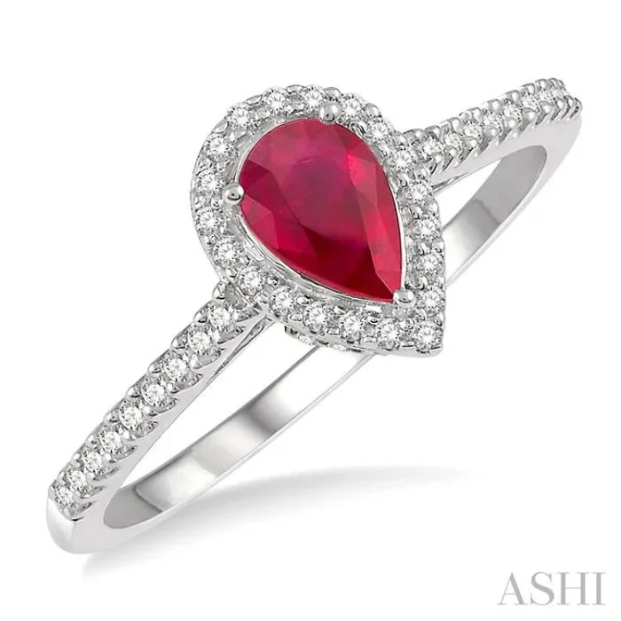 6×4 MM Pear Shape Ruby and 1/5 ctw Round Cut Diamond Precious Ring in 10K White Gold