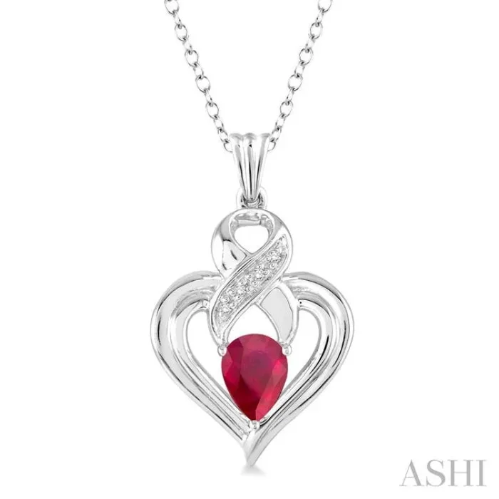 6×4 MM Pear Shape Ruby and 1/50 Ctw Single Cut Diamond Pendant in Sterling Silver with Chain