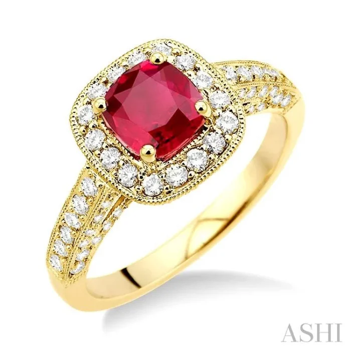 6×6 MM Cushion Cut Ruby and 7/8 Ctw Round Cut Diamond Precious Ring in 14K Yellow Gold
