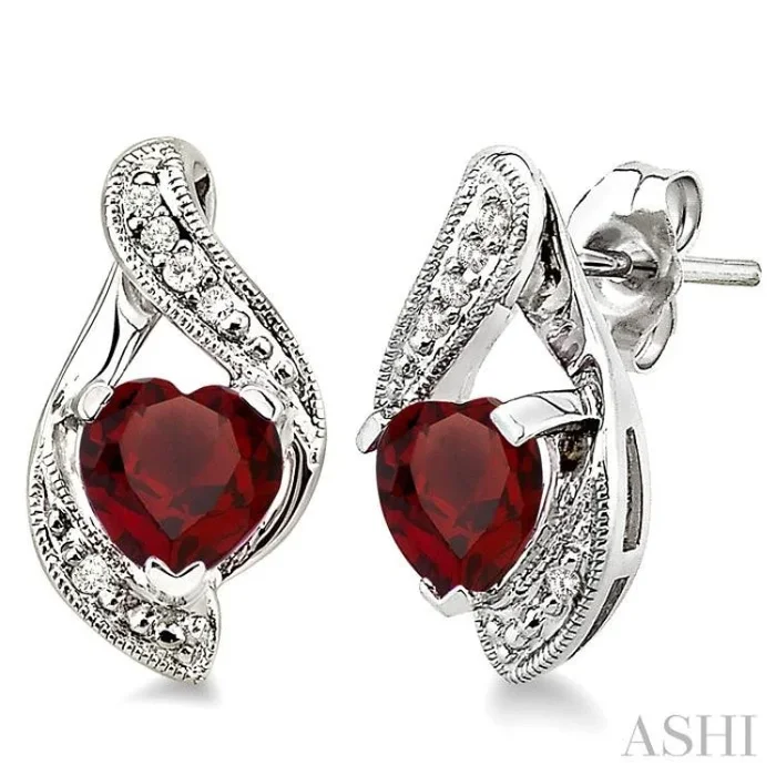 6×6 MM Heart Shape Garnet and 1/20 ctw Single Cut Diamond Earrings in Sterling Silver