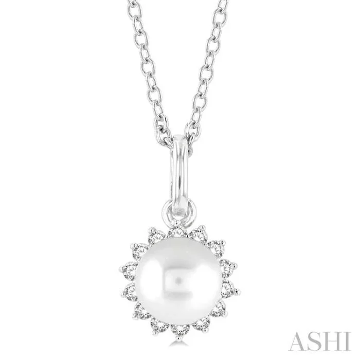 6 MM Round Shape Cultured Pearl and 1/10 Ctw Petite Round Cut Diamond Fashion Pendant With Chain in 10K White Gold