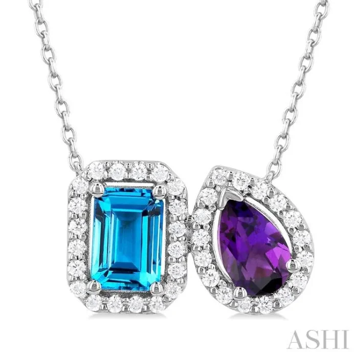 6X4 MM Emerald Cut Blue Topaz and Pear Cut Amethyst and 1/5 Ctw Toi Et Moi Round Cut Diamond Halo Fashion Pendant With Chain in 14K White Gold
